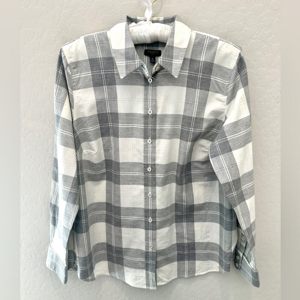 TALBOTS Petite Gray White Plaid Button Down Shirt Cotton Metallic Medium